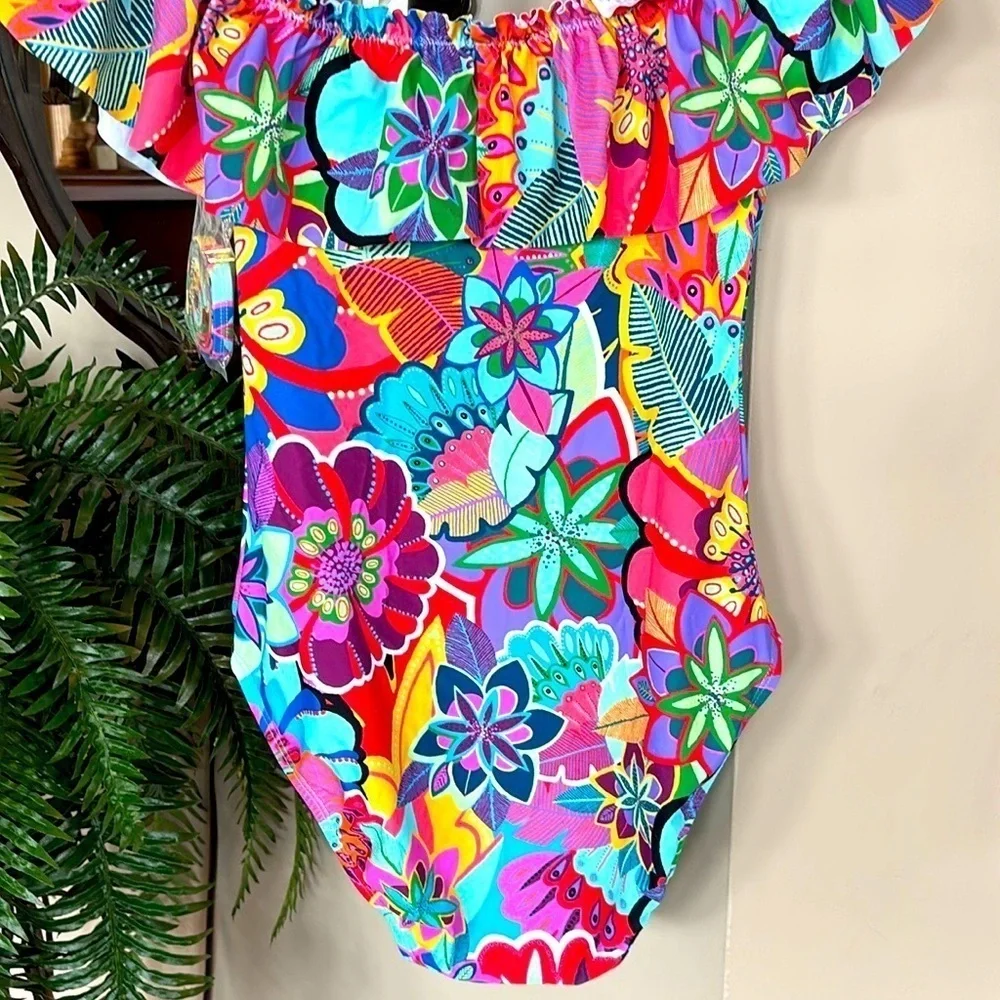 NWT Bleu Rod Beattie Colorful Floral Off The Shoulder Ruffle One-Piece Swimsuit